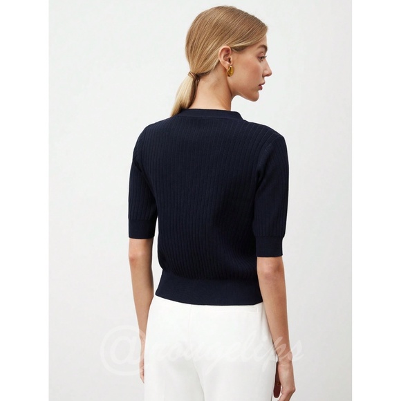 Navy Blue V-neck Knit Short Sleeve Cardigan Shirt Button Up - Picture 5 of 8